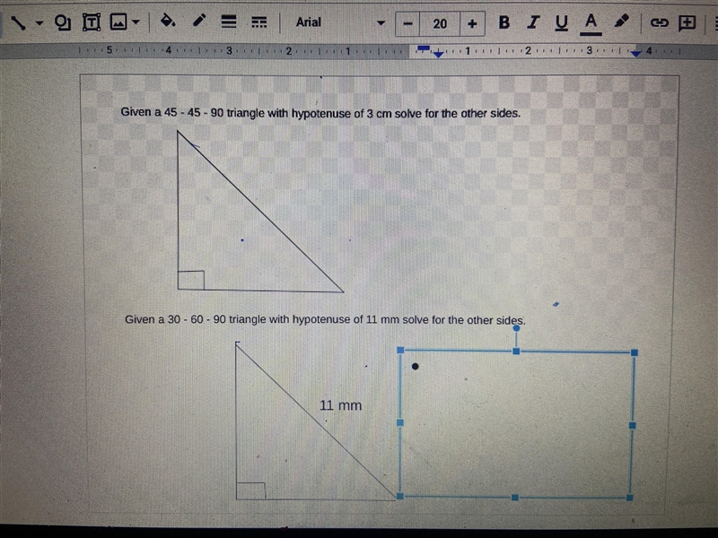 Given a 45-45-90 triangle with a hypotenuse of 3 cm solve for the other sides.-example-1