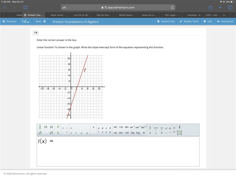 Please help anyone Linear function f is shown in the graph. Write the slope-intercept-example-1