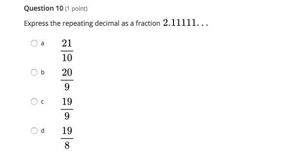 Express the repeating decimal as a fraction \large 2.11111...-example-1