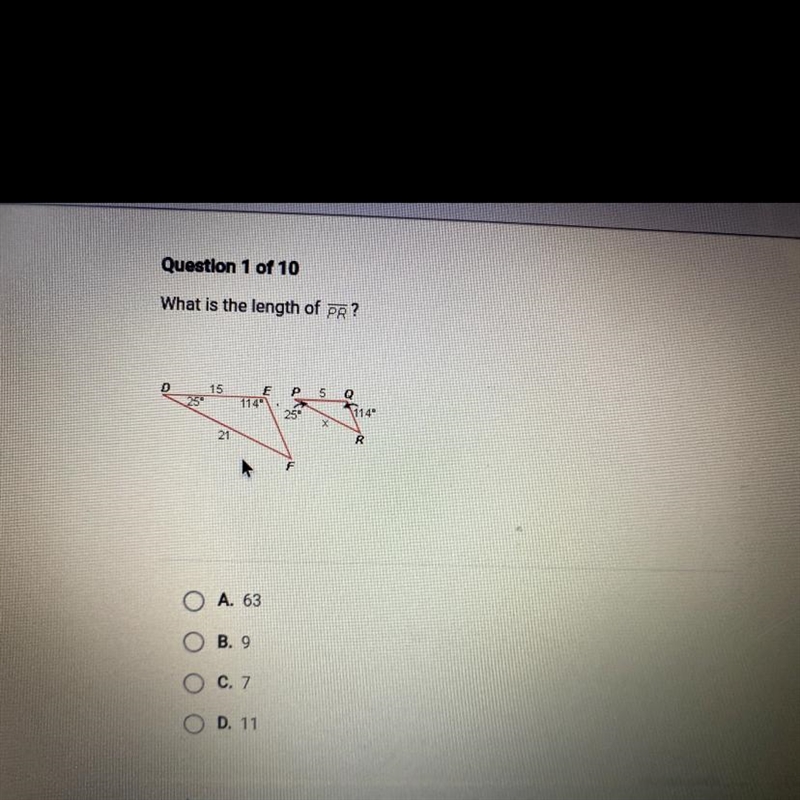 What is the length of PR? 15 25° P 5 E 1140 Q 25° 1140 X 21 R F-example-1