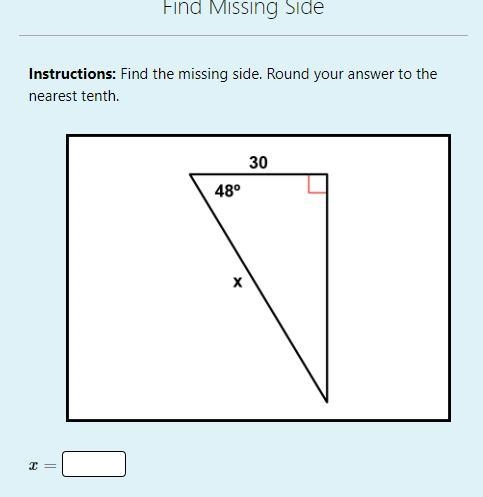 Find the missing side. Round your answer to the nearest tenth.-example-1