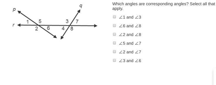 Which angles are corresponding angles? Select all that apply. ∠1 and ∠3 ∠6 and ∠8 ∠2 and-example-1