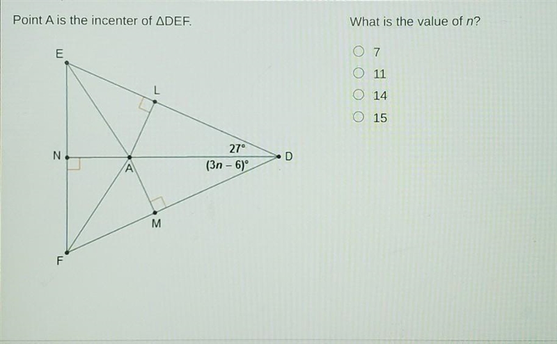 Point A is the incenter of DEF. What is the value of n? A. 7 B. 11 C. 14 D. 15​-example-1