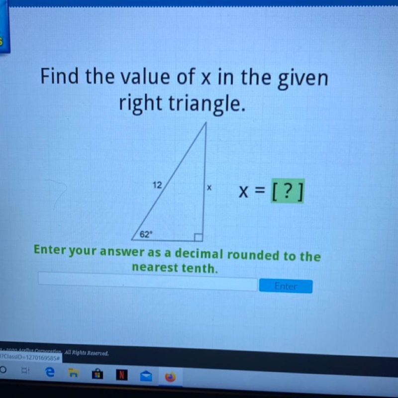 Find the value of x in the given right triangle-example-1