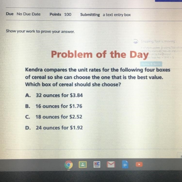 Problem of the Day Kendra compares the unit rates for the following four boxesof cereal-example-1