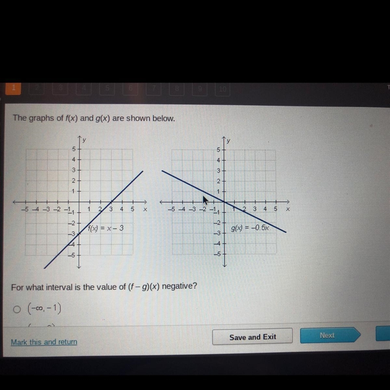 The graphs of f(x) and g(x) are shown below. For what interval is the value of (f-example-1