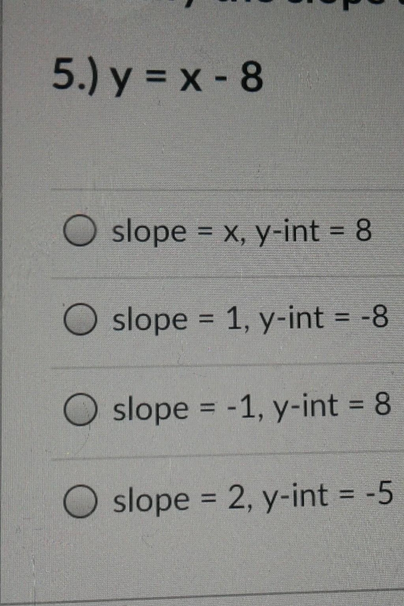 Identify the slope and intercept from the equation​-example-1