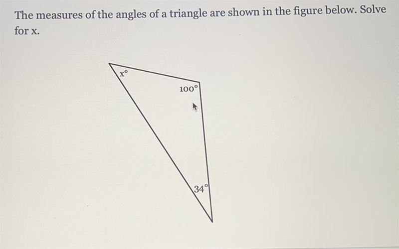 The measures of the angles of a triangle are shown in the figure below. Solve for-example-1