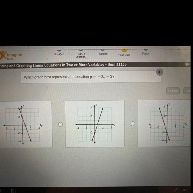 Which graph best represents the equation y=-3x– 2?-example-1