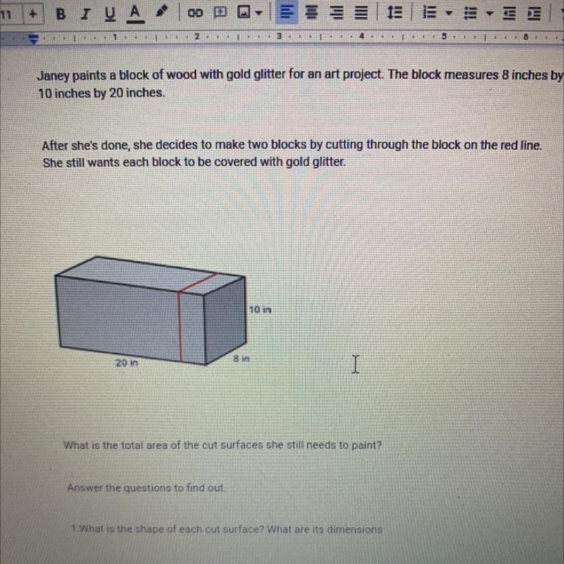 2. What is the area of each cut surface 3. What is the total area janey still needs-example-1