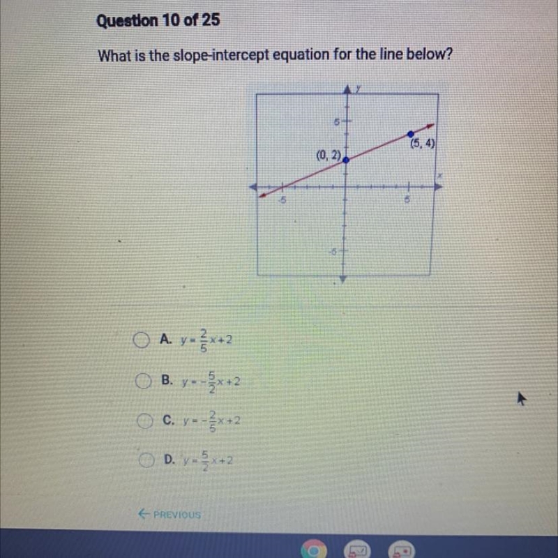 What is the slope-intercept equation for the line below? (5, 4) (0, 2)-example-1