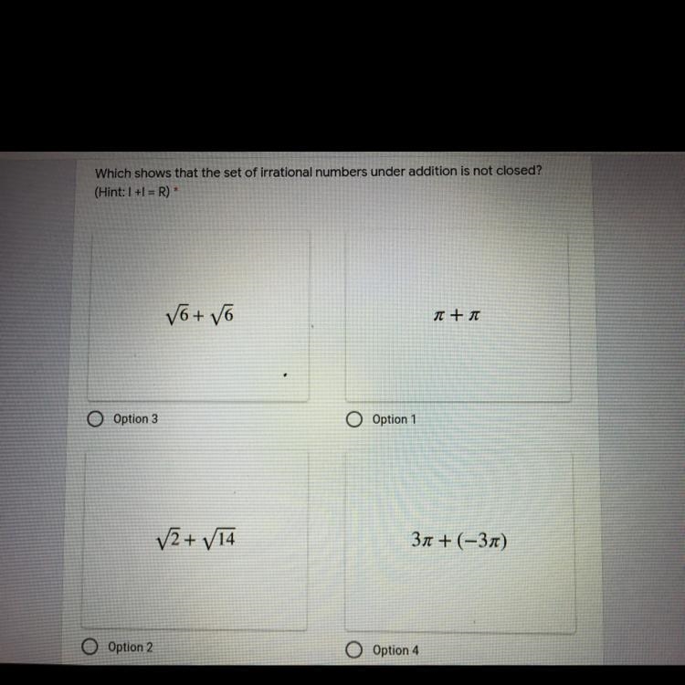 Which shows that the set of irrational numbers under addition is not closed?-example-1