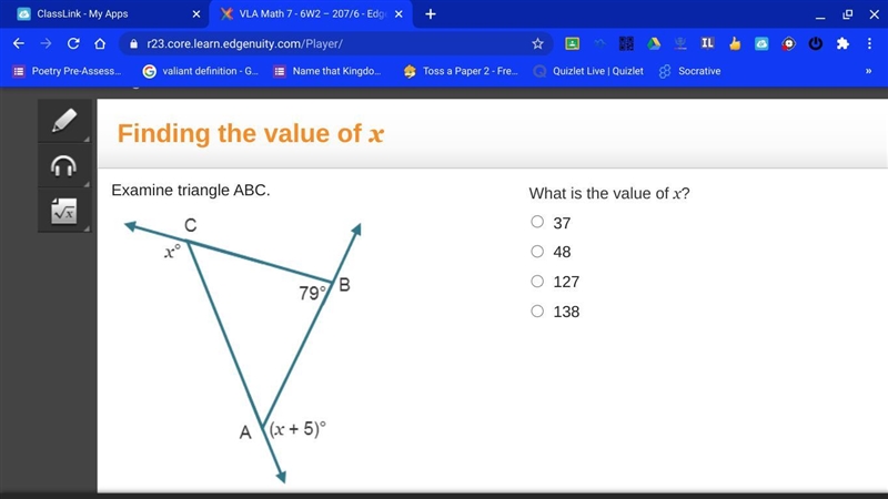 Examine triangle ABC. Triangle A B C. Angle B is 79 degrees. Exterior angle to A is-example-1