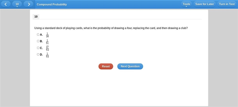 Using a standard deck of playing cards, what is the probability of drawing a four-example-1