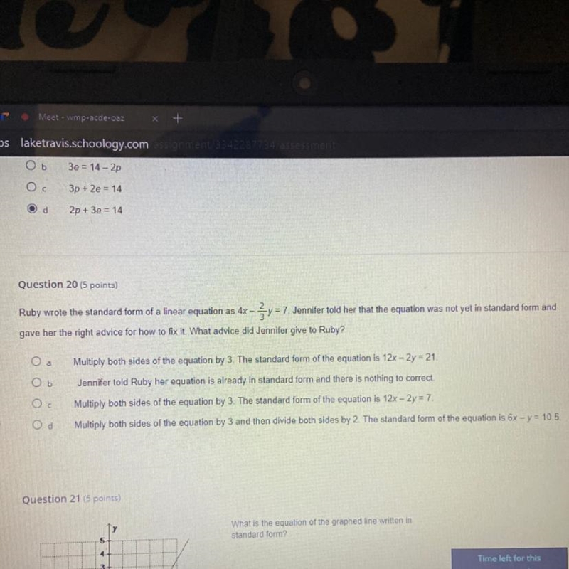 Question 20 (5 points) Ruby wrote the standard form of a linear equation as 4x – y-example-1