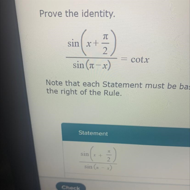 Prove the identity. TT sin x + 2. cotx sin (-x)-example-1