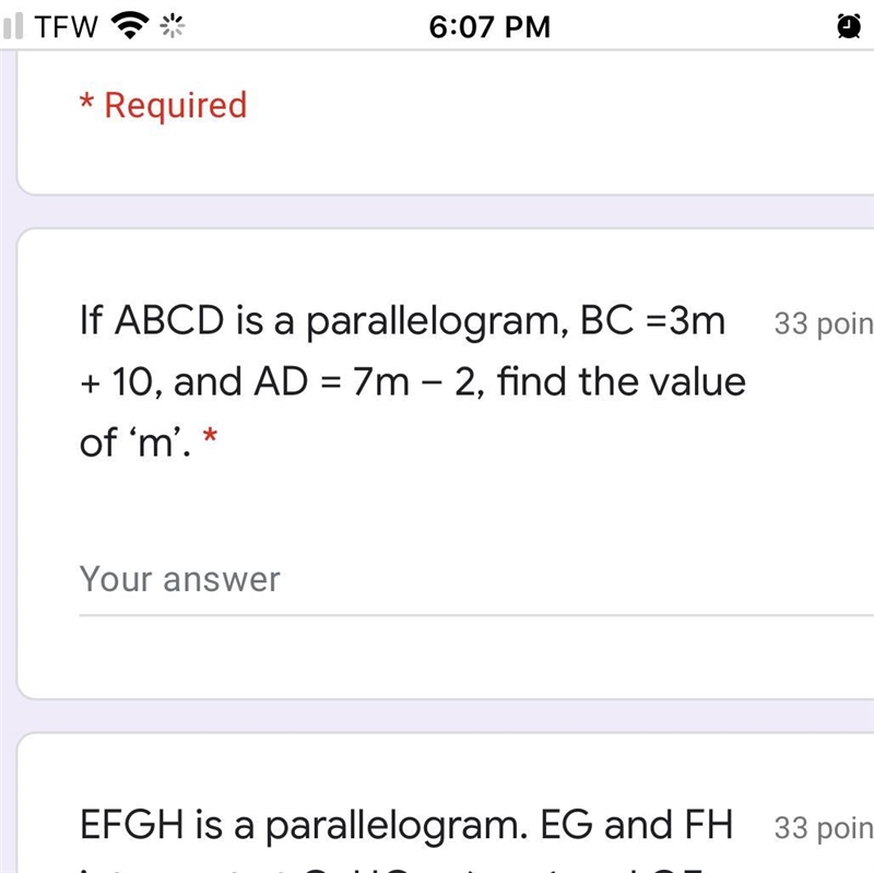 If ABCD is a parallelogram, BC =3m + 10, and AD = 7m – 2, find the value of ‘m’. *-example-1