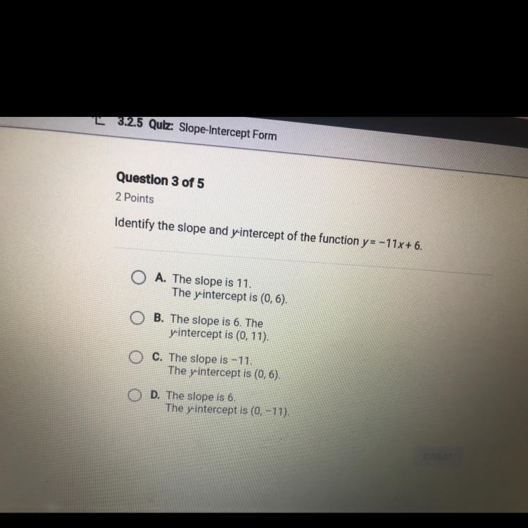 Identify the slope and y-intercept of the function Y= -11 X +6-example-1