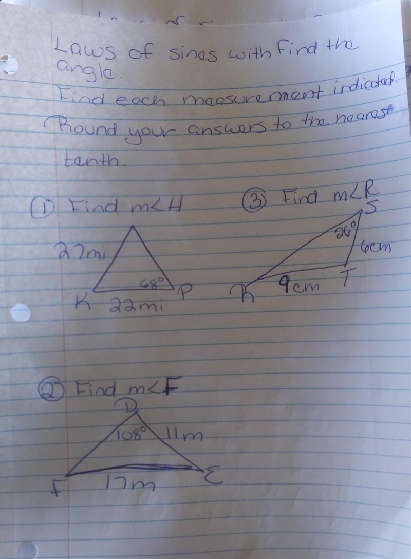 Laws of Sines with find the angle. Find each measurement indicated. Round your answers-example-1