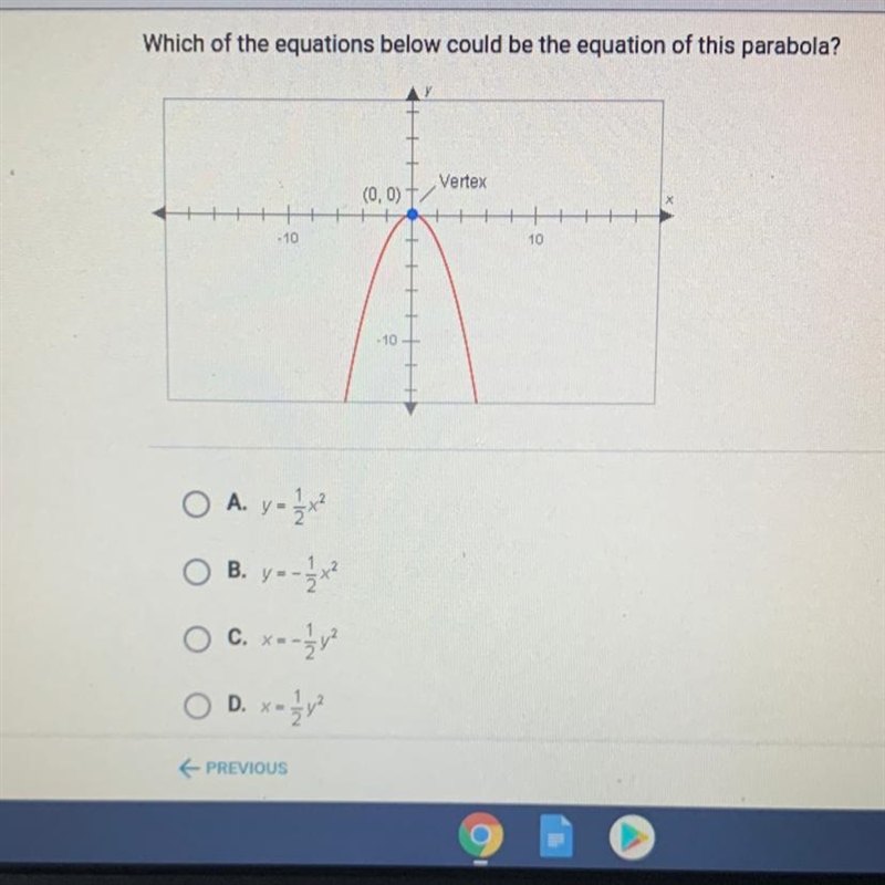 Which of the equations below could be the equation of this parabola? Vertex (0,0) . 10 10 10 o-example-1