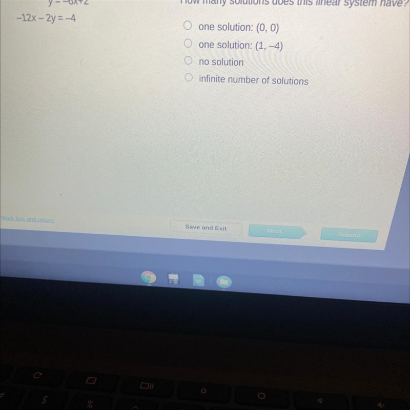 Y=-6x+2 How many solutions does this linear system have? O one solution: (0, 0) Oone-example-1