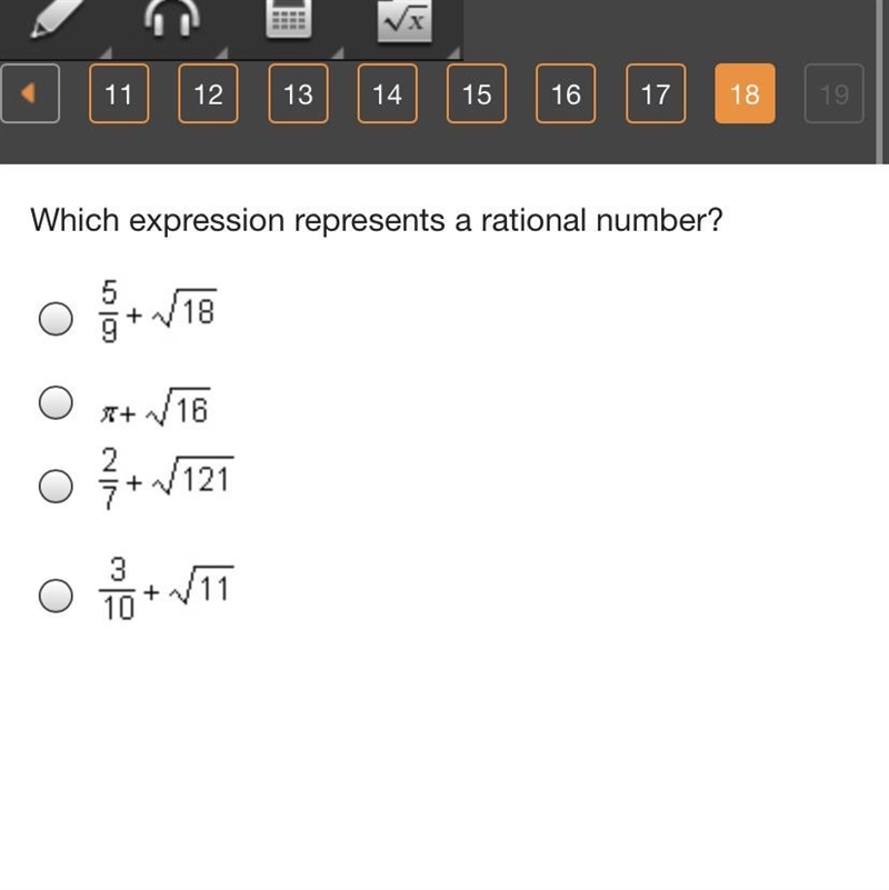 Which expression represents a rational number? StartFraction 5 Over 9 EndFraction-example-1