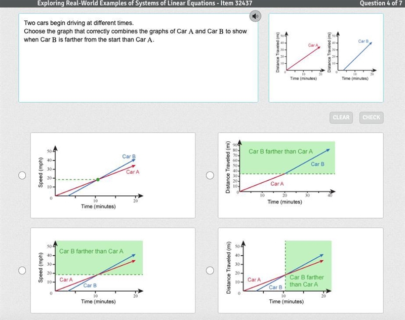 Two cars begin driving at different times. Choose the graph that correctly combines-example-1