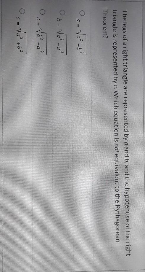 The legs of a right triangle are represented by a and b, and the hypotenuse of the-example-1