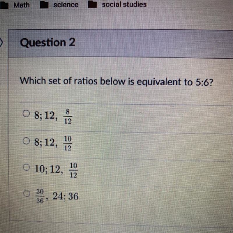 Which set of ratios below is equivalent to 5:6?-example-1