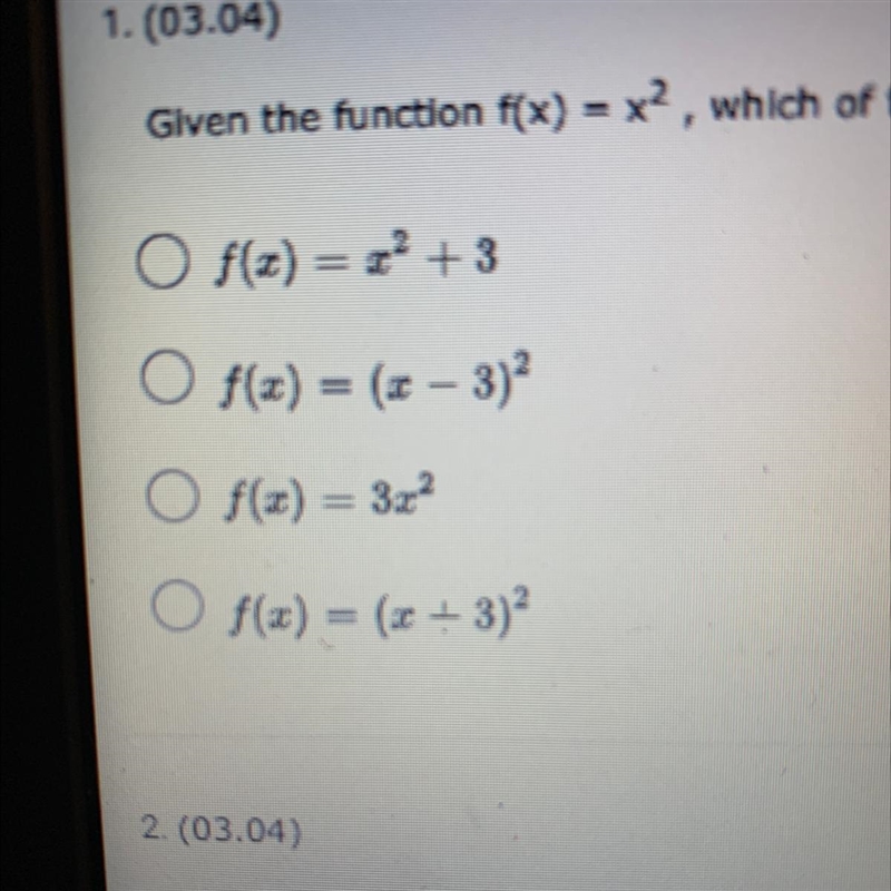 Given the function f(x) = x^2, which of the following represents a vertical shift-example-1