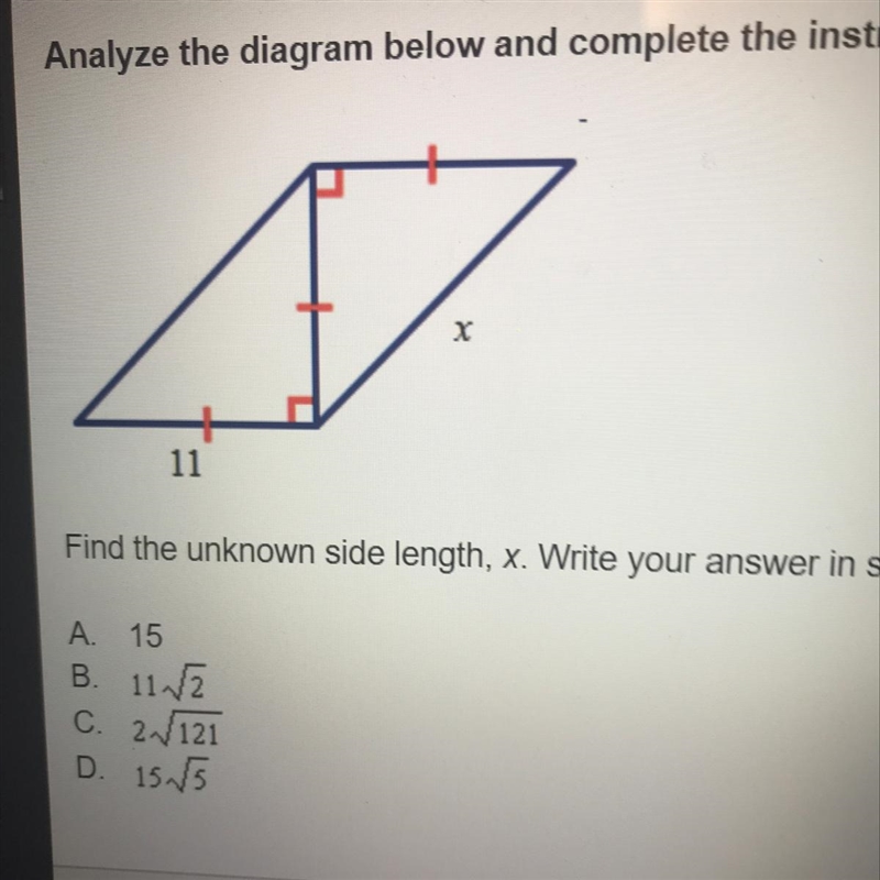 Find the unknown side, x. write your answer in simplest radical form-example-1