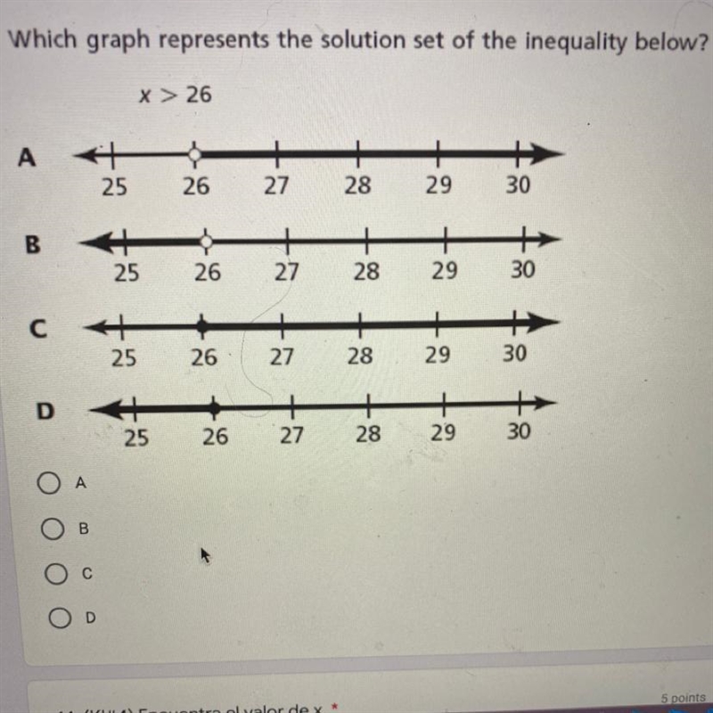 Which graph represents the solution set of the inequality below?-example-1