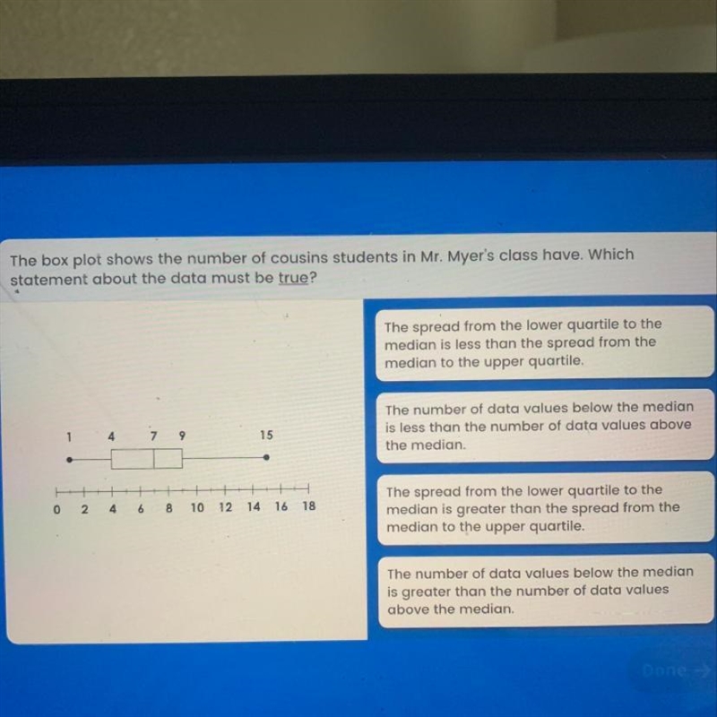 The box plot shows the number of cousins students in Mr. Myer's class have. Which-example-1