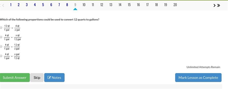 Which of the following proportions could be used to convert 12 quarts to gallons?-example-1