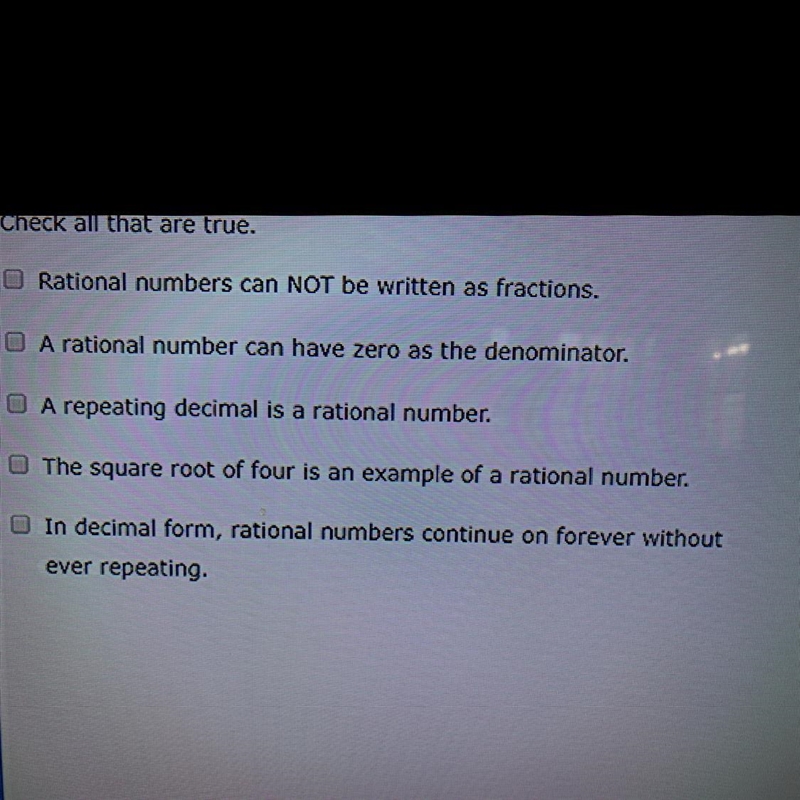 Which of the following statements are true of rational numbers?-example-1