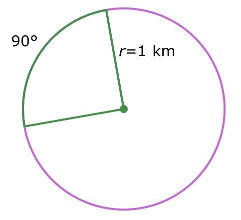 The radius of a circle is 1 kilometer. What is the length of a 90 degree arc?-example-1