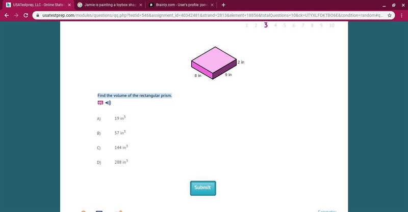 Find the volume of the rectangular prism A) 19 in3 B) 57 in3 C) 144 in3 D) 288 in-example-1