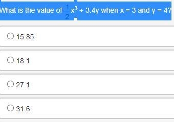 I NEED HELP ASAP What is the value of Fraction 1 over 2x3 + 3.4y when x = 3 and y-example-1