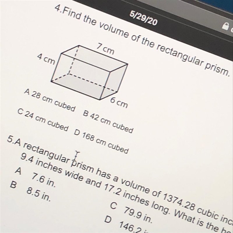 Find the volume of the rectangular prism. A 28 cm cubed B 42 cm cubed C 24 cm cubed-example-1