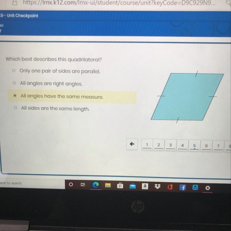 Which best describes this quadrilateral? o Only one pair of sides are parallel. O-example-1