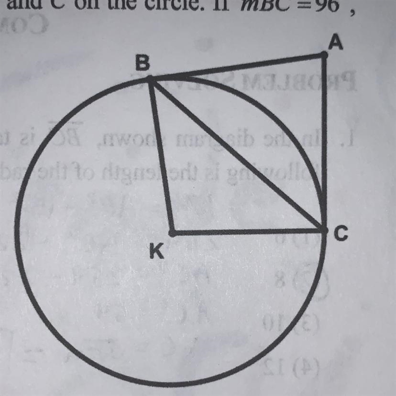 In the diagram of circle K, tangents are drawn from point A to points B and C on the-example-1