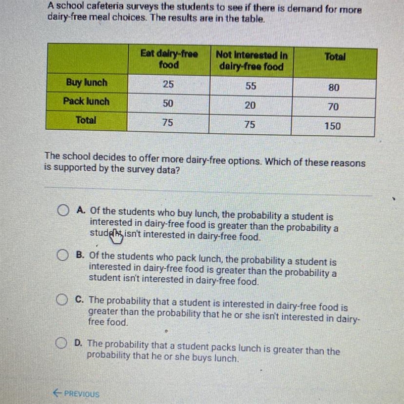 A school cafeteria surveys the students to see if there is demand for more dairy-free-example-1