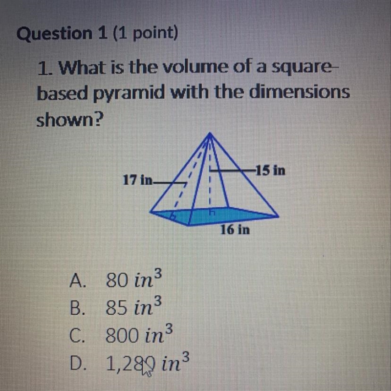 1. What is the volume of a square based pyramid with the dimensions -15 in 17 in 16 in-example-1