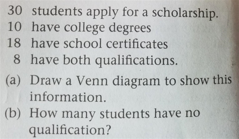 30 students apply for a scholarship, 10 have college degrees 18 have school certificates-example-1