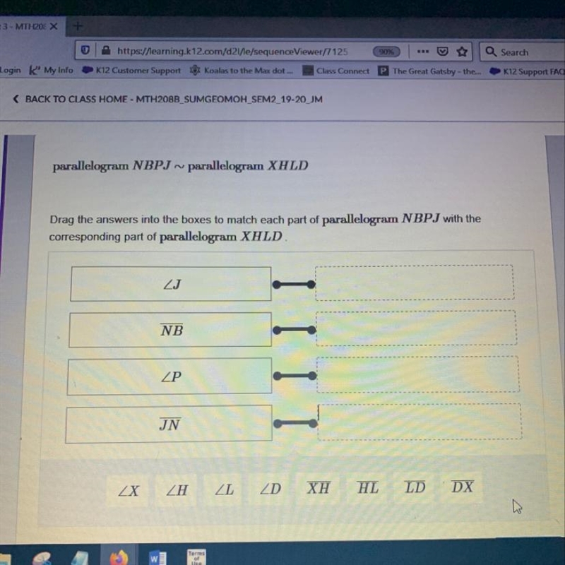 Parallelogram NBPJ ~ parallelogram XHLD Drag the answers into the boxes to match each-example-1