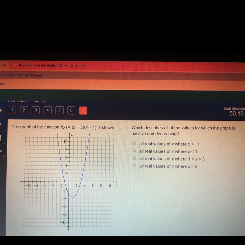 The graph of the function f(x) = (x - 3)(x + 1) is shown Which describes all of the-example-1