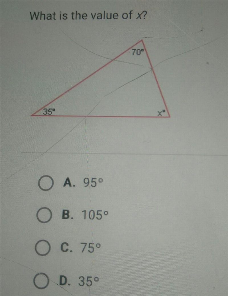 What is the value of x? ОА. 95° Ов. 1050 Ос. 75° OD. 35°​-example-1