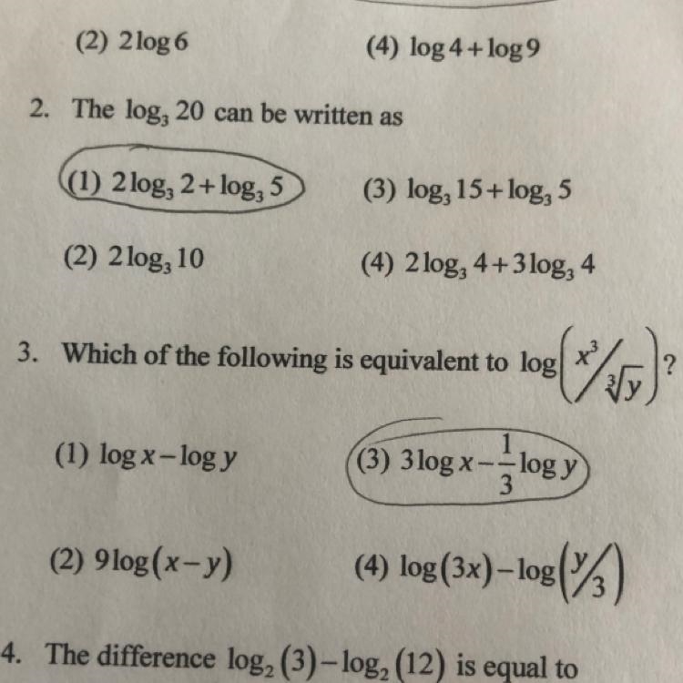 3. Which of the following is equivalent to log %) 2 (1) log x-logy 1 (3) 3 log x-logy-example-1