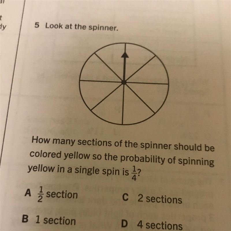 5 Look at the spinner. How many sections of the spinner should be colored yellow so-example-1