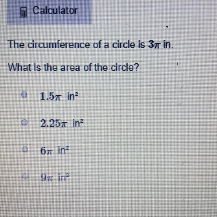 The circumference of a circle is 37 in. What is the area of the circle? 1.57 in 2.257 in-example-1